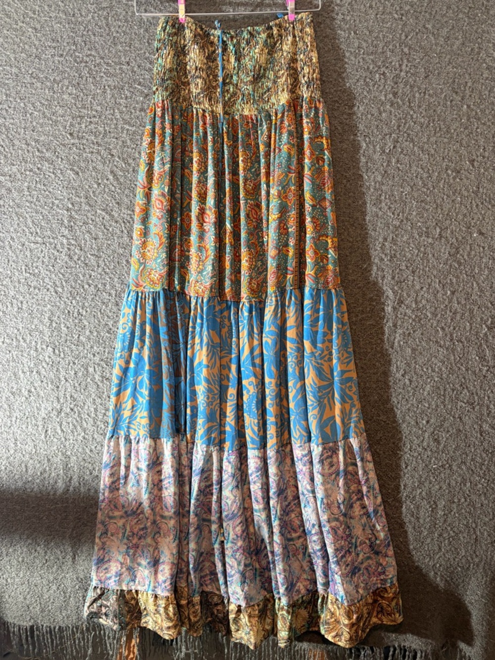 Bohemian Tiered Maxi Dress in Blue and Gold Floral